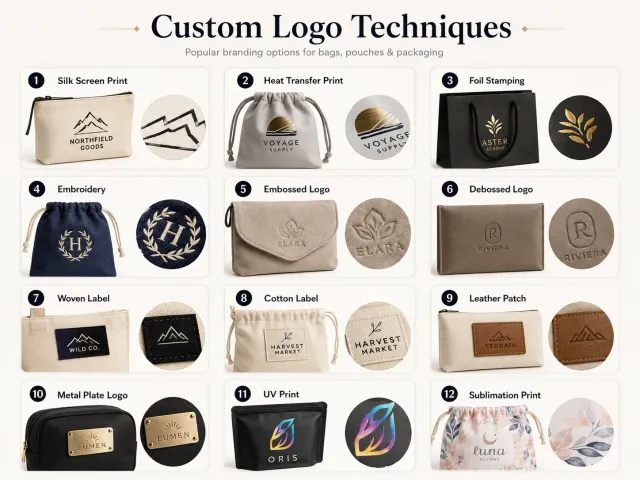 Custom logo techniques for packaging bags including screen printing heat transfer foil stamping embroidery embossing and woven labels