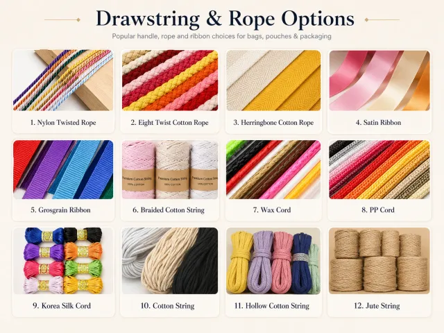 Custom packaging drawstring and rope options including cotton rope satin ribbon wax cord PP cord and jute string