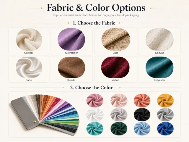 Custom packaging bag fabric and color options including cotton microfiber canvas satin suede velvet and color swatches