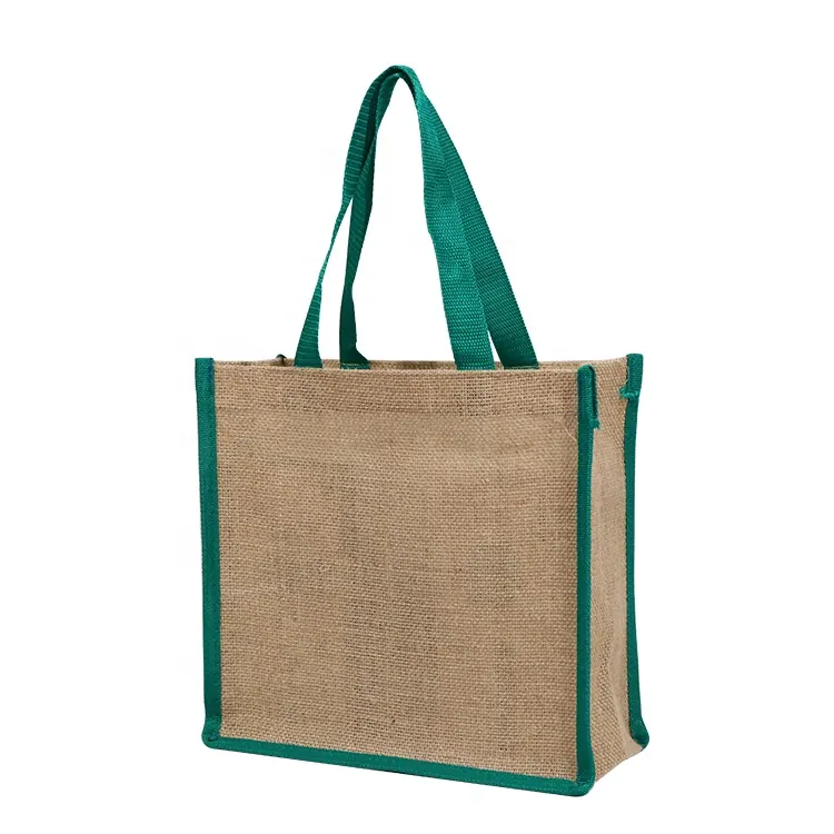 jute tote bag with green handles and contrast trim for wholesale custom branding