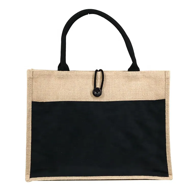 jute conference bag with black front pocket handle and button closure
