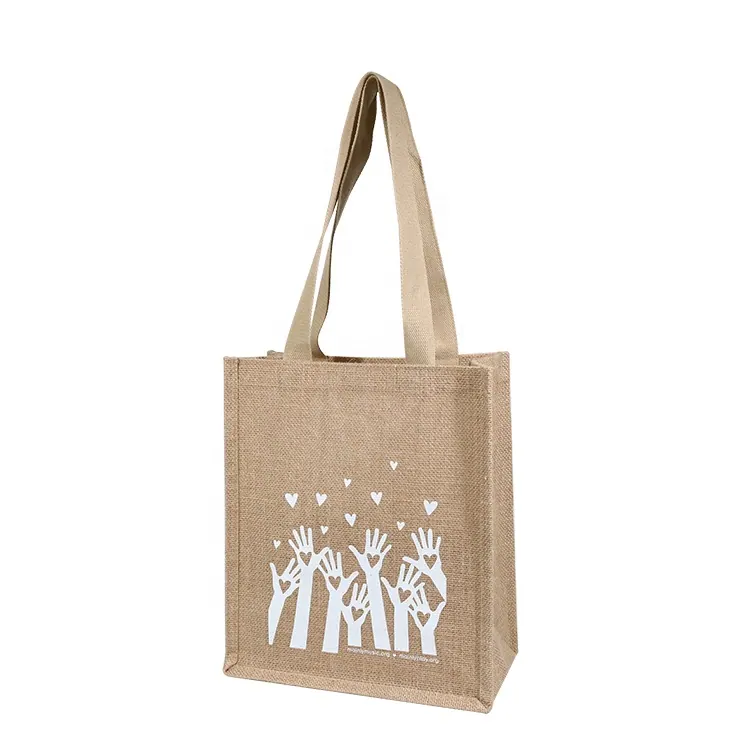 printed jute tote bag with long handles for custom retail packaging programs
