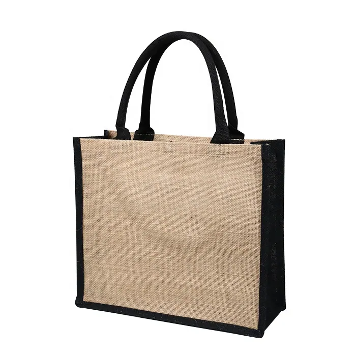 structured jute shopping bag with black handles and trim for custom wholesale orders